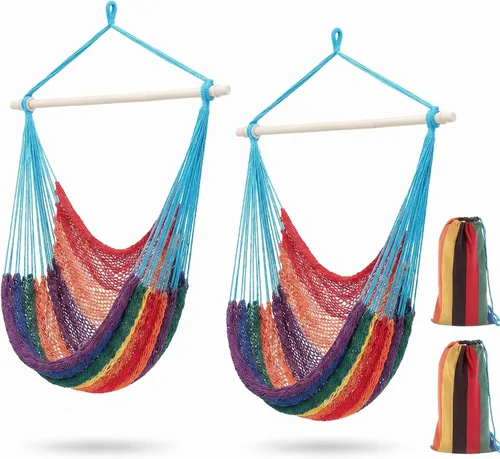 Miniatura 9 de Barydat 2 sillas colgantes tipo hamaca estilo bohemio, para exteriores e interiores, cómoda cuerda de algodón suave, con barras de metal Beige