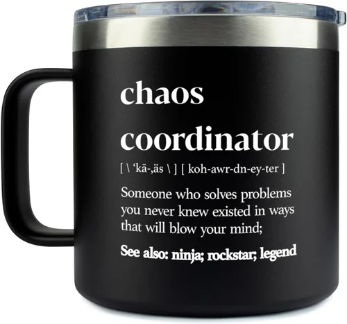 Chaos Coordinator - Vaso negro de 14 onzas para hombre, diseño de agradecimiento, corporativo, día del jefe, regalos de oficina para hombres, tazas