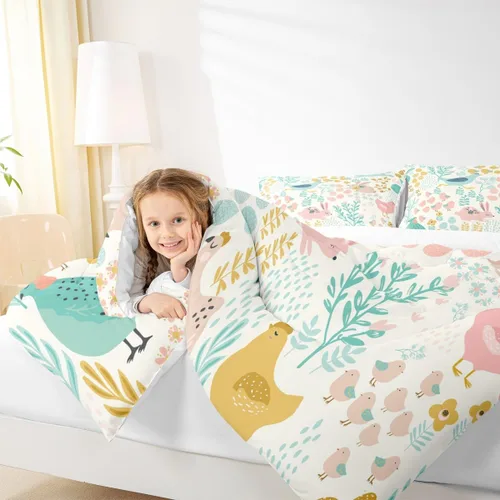 Miniatura 6 de Juego de edredón de pollo tamaño individual, juego de ropa de cama de conejo azul y rosa, caricatura Kawaii de animales salvajes, edredón amarillo