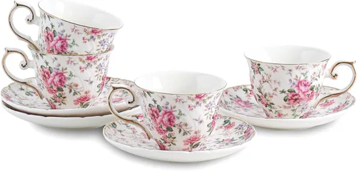 Agyiuns tazas y platillos de cerámica para café, 6oz, taza de café para café, latte, café moca y té - Juego de 4 (Flores grandes - Juego de 4)