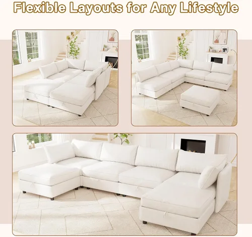 Miniatura 4 de 95.5" Sofá seccional modular de chenilla con almacenamiento oculto, sofá cama convertible en forma de L y U, sofá seccional moderno de 6 plazas