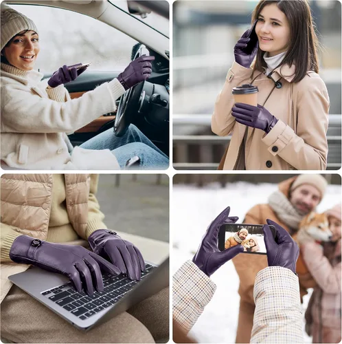 Miniatura 7 de Guantes de cuero de invierno para mujer, guantes de piel de cordero para pantalla táctil