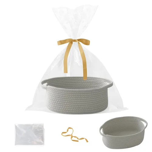 Miniatura 21 de Paquete de 2 canastas pequeñas de cuerda tejida, cesta de regalo vacía con bolsa y cintas, bonita caja organizadora con asa para cumpleaños/baby