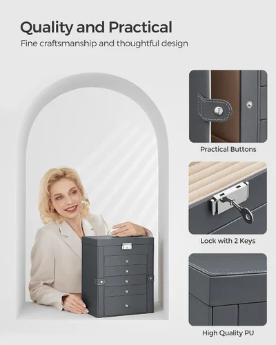 Miniatura 6 de SONGMICS Joyero de 6 niveles joyero con 5 cajones gran capacidad de almacenamiento con espejo bloqueable organizador de almacenamiento de joyas