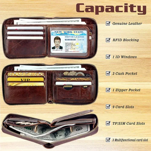 Miniatura 4 de Admetus - Cartera de piel auténtica para hombre con cremallera, plegable