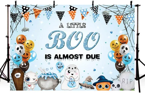 AIBIIN Telón de fondo de Halloween de 7 x 5 pies para baby shower, con texto en inglés "A Little Boo is Almost Due Baby Shower Decoraciones" azul