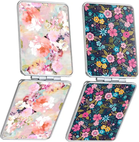 Espejo de bolsillo, pequeño espejo de viaje con aumento, espejo cosmético portátil de doble cara con aumento para uso diario (2 flores)