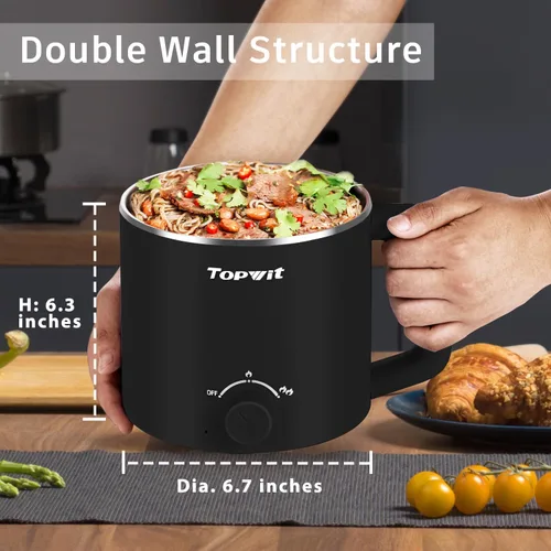 Miniatura 5 de Topwit Cocina eléctrica con vapor, olla de ramen de 1.6 L y hervidor eléctrico de agua caliente de vidrio de 1 litro
