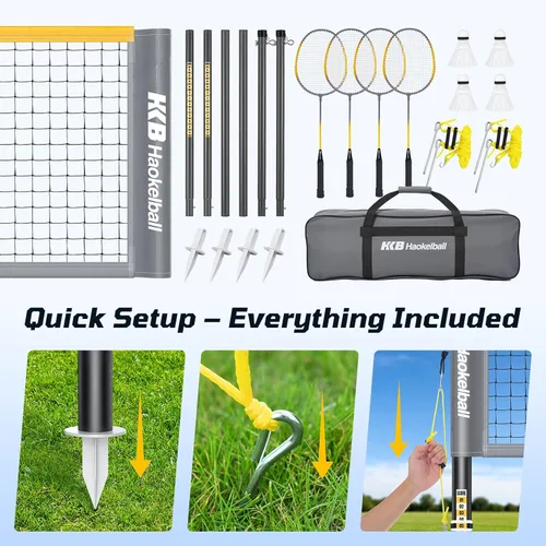 Miniatura 7 de Haokelball Outdoor Badminton Net Set with Anti-Sag Winch System - 20ft Badminton Net, 4 Rackets, 3 Shuttlecocks & Carry Bag, Badminton Set for