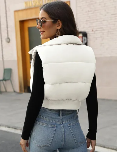 Miniatura 12 de Gihuo Chaleco acolchado recortado para mujer, sin mangas, chaqueta acolchada, chaleco acolchado para invierno, con cremallera completa, abrigo ligero