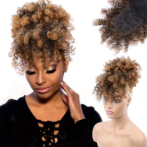 Miniatura 18 de Cola de caballo con cordón y flequillo, extensiones de cola de caballo afro para mujer, cola de caballo corta y rizada con flequillo con clip para 1b