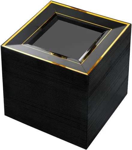 bUCLA 100 platos cuadrados negros de plástico con borde dorado – Platos desechables de postre/aperitivo / pequeños pasteles de 6 pulgadas para Negro