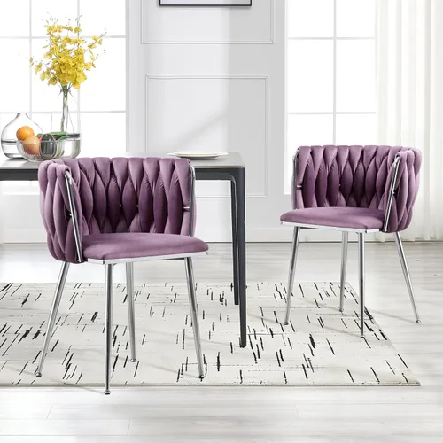 Miniatura 17 de Juego de 2 sillas de comedor de terciopelo, sillas de comedor tapizadas tejidas, sillones de ocio de lujo, sillas decorativas modernas con patas