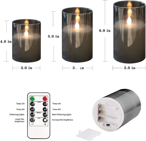 Miniatura 5 de HIYAA Velas LED sin llama, velas de cristal gris que funcionan con pilas parpadeantes con control remoto, mecha 3D, luz cálida realista, velas LED