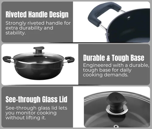 Miniatura 6 de Vinod Utensilios de cocina profesional Deep Kadhai – 2.1 litros (2.2 cuartos) – 20cm (7.9 in) – Tapa de vidrio incluida – Wok/olla anodizado duro