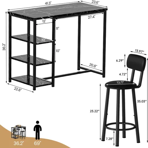 Miniatura 4 de Juego de mesa de comedor de cocina para 2, mesa de bar y sillas con 3 estantes de almacenamiento, comedor alto con 2 taburetes de respaldo de piel