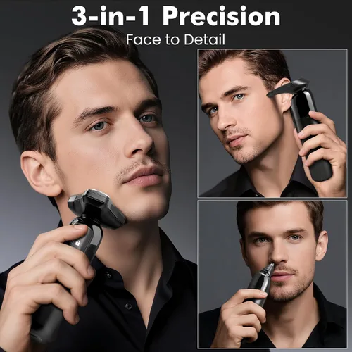 Miniatura 2 de Maquinilla de afeitar eléctrica para hombres Flynth 3 en 1, afeitadora inalámbrica giratoria de 3 cuchillas húmeda/seca para barba, nariz y cara
