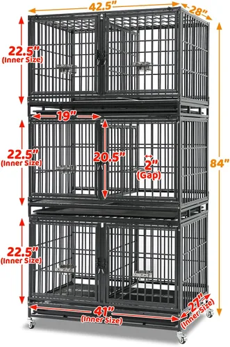 Miniatura 6 de Homey Pet Paquete de 2 jaulas apilables de tres niveles de 43 pulgadas para perros con ruedas, jaula de acero indestructible para perros