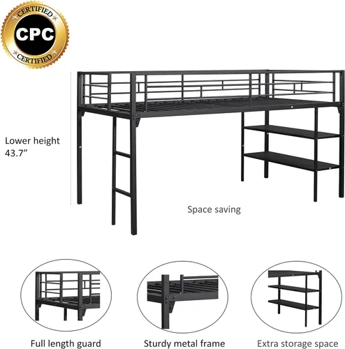Miniatura 4 de Cama baja de metal individual con estantes de almacenamiento y escalera, litera flotante para niños, ahorro de espacio, no necesita somier, fácil
