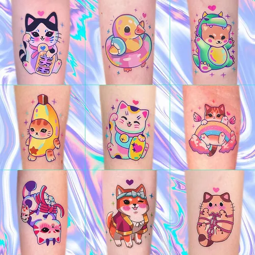 Konsait 50 hojas de tatuajes de anime, tatuajes de gato de estilo mixto de dibujos animados, envueltos individualmente, tatuajes temporales de gato