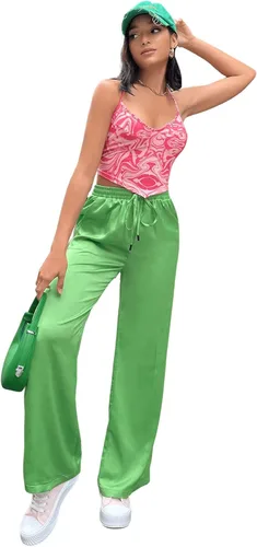 Miniatura 5 de SweatyRocks Pantalones de satén de pierna ancha para mujer con cintura elástica y bolsillo