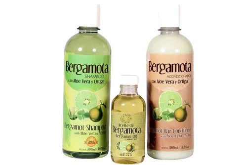 Champú Bergamota 16.9 fl oz y Acondicionador 16.9 fl oz más Aceite de Bergamota 4.1 fl oz, marca Lenico Edición Gold.