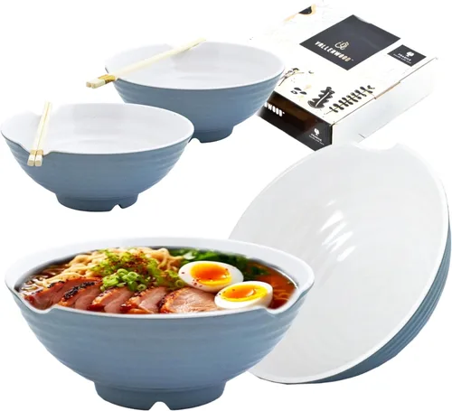 Miniatura 11 de Juego de 4 cuencos de ramen XL. 12 piezas Pho Bowls. Sopa japonesa asiática. Utensilio: cucharas y palillos. Melamina, grande 52 oz. Fideos, arroz