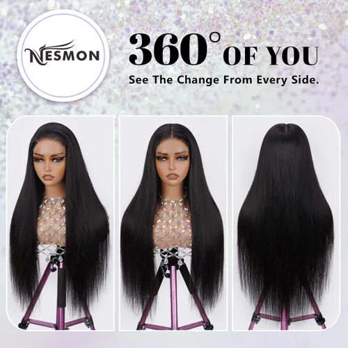 Miniatura 8 de NESMON Pelucas de cabello humano con cierre de encaje HD de 5 x 5, sin pegamento, nudos preblanqueados, densidad del 200 %, 0.004 in, encaje suizo
