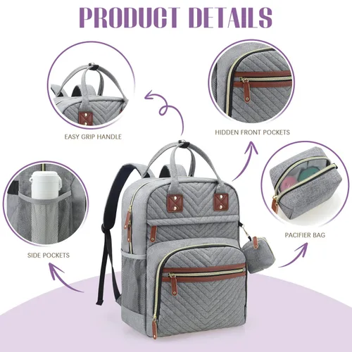 Miniatura 4 de Tuwubi Mochila para pañales, bolsa de viaje Baby Essentials, mochilas impermeables multifunción, artículos esenciales de viaje con correas para Gris
