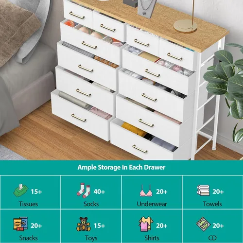 Miniatura 5 de VASICAR Cómoda blanca para dormitorio con 12 cajones profundos, cómoda ancha, soporte de TV de 55 pulgadas con parte superior de madera retro, Top