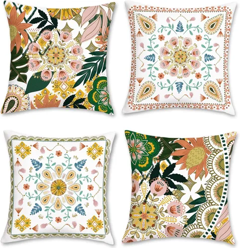 Bonhause Juego de 4 fundas de almohada bohemias de 18 x 18 pulgadas para exteriores, diseño de mandala bohemio, fundas de almohada decorativas de