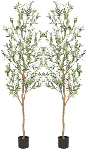 Miniatura 7 de Bellacat Árbol de olivo sintético de 6 pies, olivos artificiales para interiores con tronco de madera natural y hojas y frutas realistas. Olivo