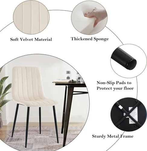 Miniatura 5 de Moderno juego de mesa redonda de vidrio para 4, 36 pulgadas, pequeña base negra de vidrio templado con 4 sillas de comedor minimalistas beige, juego