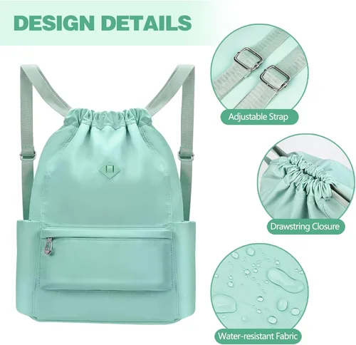 Miniatura 5 de Mochila con cordón y bolsillo húmedo, mochila de gimnasio resistente al agua, bolsa de cuerda para playa, natación, para mujeres y hombres