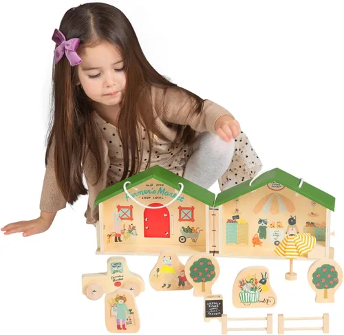 Miniatura 6 de Manhattan Toy Mercado de Granjeros 12 Piezas Juego de Figuras de Juguete de Madera Portátil para Simular Compras