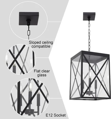 Miniatura 6 de MELUCEE Lámpara de araña de 3 luces para exteriores, linterna negra para interiores, lámpara colgante de techo exterior con vidrio transparente