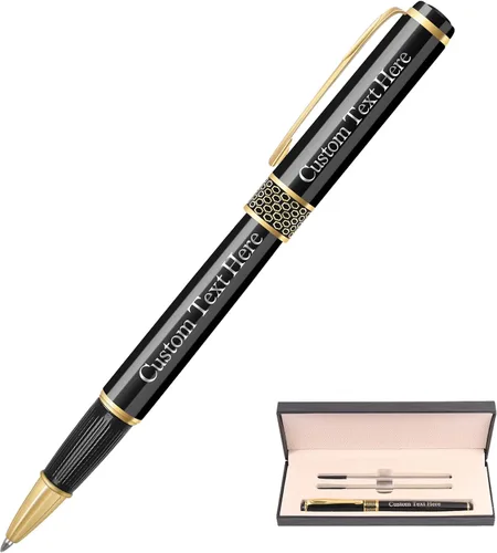 Juego de bolígrafos personalizado, bolígrafo personalizado con caja de regalo de cuero de lujo, 2 recambios de tinta negra, grabado con tu nombre o