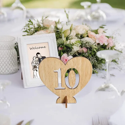 Miniatura 5 de Números de mesa de madera con forma de corazón del 1 al 20 con base de soporte, tarjetas de madera rústicas huecas para bodas, fiestas, decoración