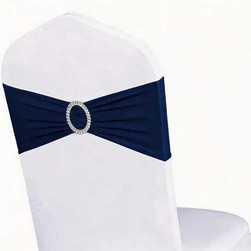 Miniatura 22 de Paquete de 50 bandas elásticas para sillas de bebé azul para boda, bandas elásticas de licra con hebilla deslizante, arcos de sillas de spandex