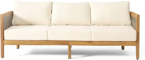 Miniatura 5 de Merax Sofá de mimbre de madera de acacia al aire libre de 76.5 pulgadas, sofá de 3 plazas para patio trasero