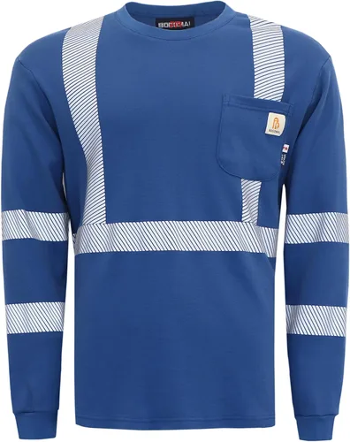 BOCOMAL FR Tee Shirts High Visibility/Hi Vis Flame Resistant/Fire Retardant Shirt 7oz Reflective Hombres Seguridad Camisas Camiseta azul real/Hi Vis