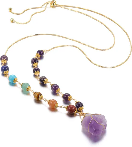 Jovivi Collares de piedra curativa de 7 cuentas de chakras para mujer, ajustable, chapado en oro de 14 quilates, envuelto en alambre de cristal de