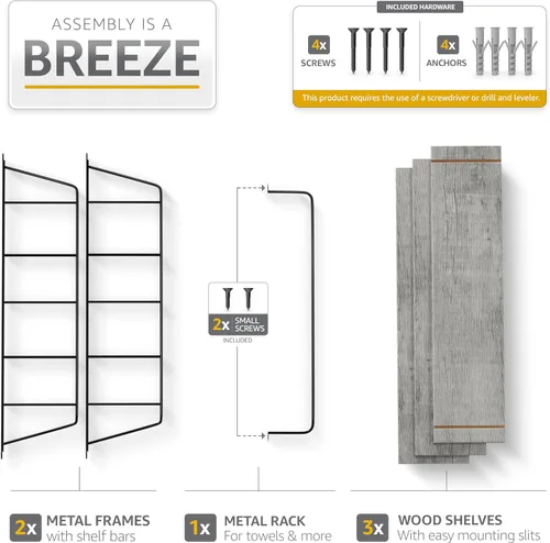 Miniatura 4 de Sorbus Estantes flotantes de baño de 3 niveles para pared, almacenamiento de pared de madera para toallas, armario de almacenamiento sobre