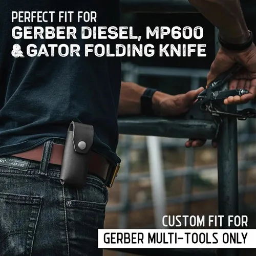 Miniatura 5 de American Bench Craft Funda multiherramienta de cuero y estuche para cuchillos para Gerber Diesel, MP600 y Gator plegable Funda de cuero remachada