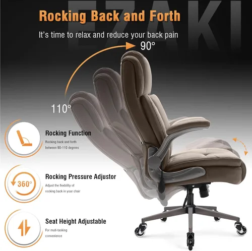 Miniatura 7 de Silla de oficina grande con respaldo alto, soporte lumbar ajustable, brazos abatibles, ruedas silenciosas resistentes, base de metal, cuero Caqui