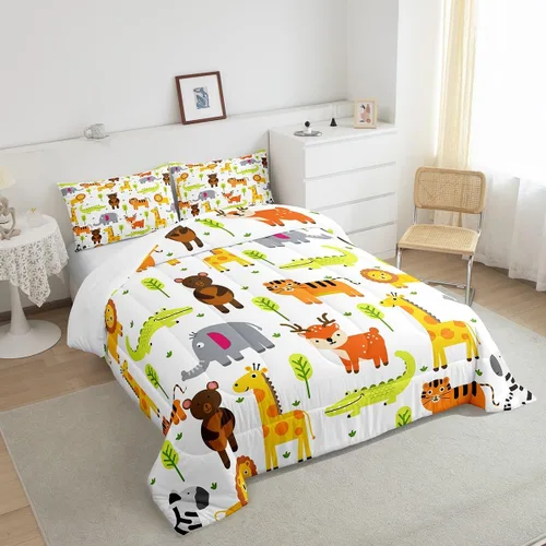 Miniatura 5 de Erosebridal Juego de ropa de cama individual de animales del zoológico para niños, lindo juego de edredón de animales salvajes de dibujos animados