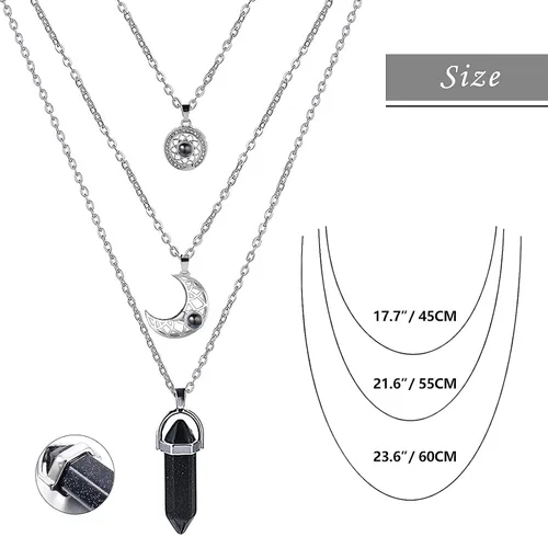 Miniatura 5 de MJartoria Collar de pentagrama de luna, collar de chakra de cristal, colgante, con dije, cadena de aleación multicapa, conjunto de gargantilla