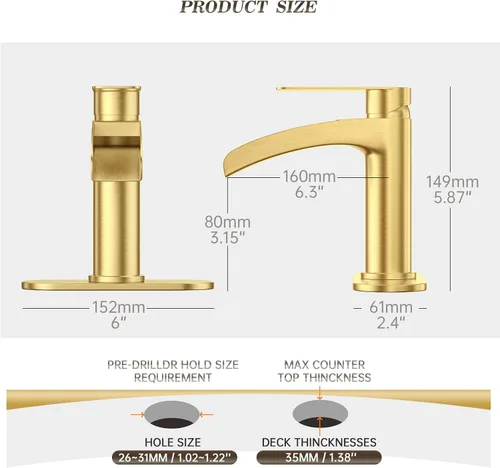 Miniatura 5 de Phiestina Grifo de cascada de una sola manija para lavabo de baño en acabado dorado cepillado, con placa de cubierta de 6 pulgadas, montaje de Oro