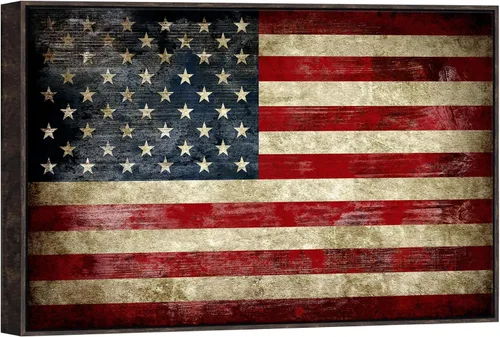 Pyradecor - Arte de pared en lienzo enmarcado de nogal, impresiones de bandera americana antigua y vintage en gran formato, cuadros abstractos para