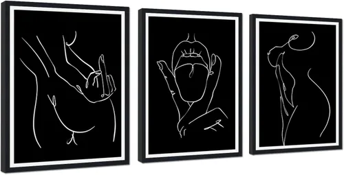 Miniatura 15 de Novatique 3 piezas de arte de pared sexy en blanco y negro para parejas desnudas, decoración de pared abstracta de amor para mujeres y hombres, arte